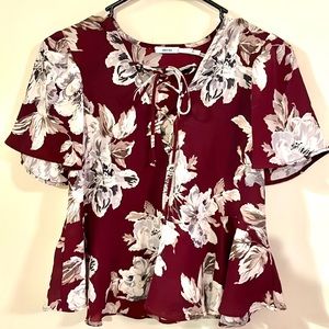 UO Kimchi Blue Maroon Floral Peplum Flutter Top